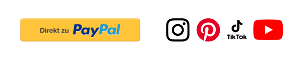 Links "direkt zu PayPal" Logo. Rechts daneben Logos von Pinterest, Instagram, Youtube und TikTok